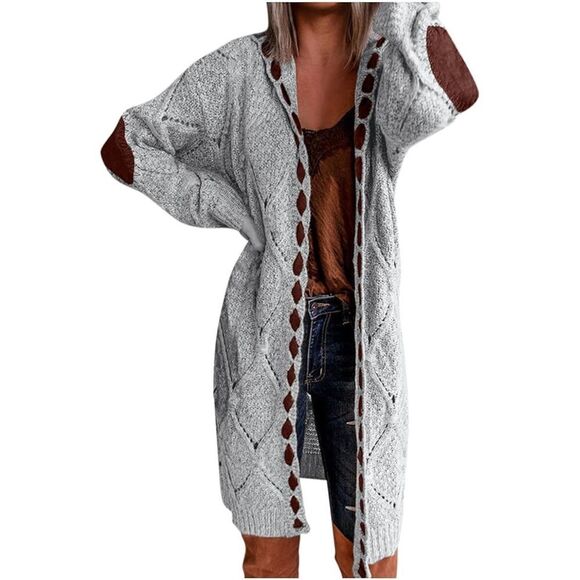 POL Gray Cable Knit Patchwork Oversized Hooded Cardigan Sweater Size Medium - Picture 3 of 9